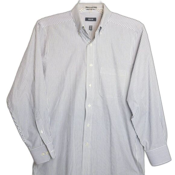 IZOD Long Sleeve Shirt Mens 15.5 32/33 Blue Striped Button Front Wrinkle Free - Picture 1 of 13